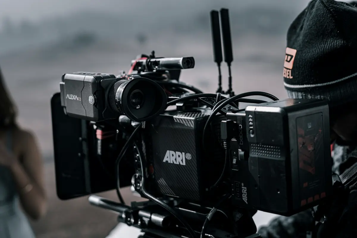 A cinema camera rig on set.