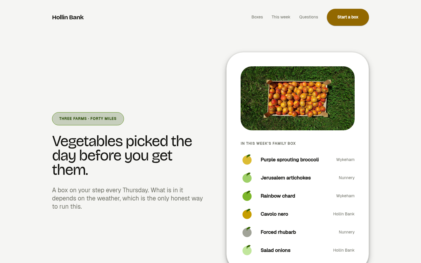 The Vegetable box sample page at the desktop viewport
